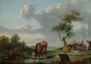 A Pastoral Landscape With A Herdsman At Rest By A Stream And His Cattle Watering by Dyonis Van Dongen