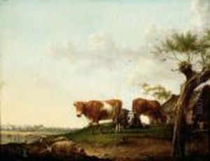Two Cows, An Ox And Several Sheep By A Farm