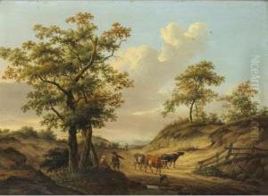 Troupeau De Vaches Sur Un Chemin [ ; Cows On A Path ; Oil On Panel Signed Lower Left] by Dyonis Van Dongen