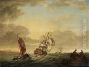 A Dutch Man-o'war And Smalschips Off A Coastline, With Fishermen And A Beached Fishing Boat On An Outcrop