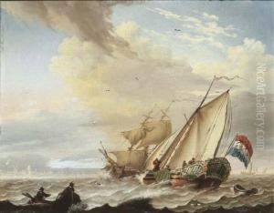 A Dutch Yacht And A Rowing Boat In Choppy Waters, Other Shipping Beyond