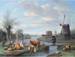 An Extensive River Landscape With Windmills And A Ferry Boat