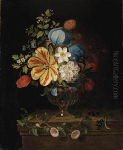 Flowers In A Glass Vase With Blackcurrants On A Ledge by Martin Van Dorne