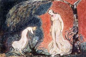 Book of Thel- the Lily bowing before Thel, before going off 'to mind her numerous charge among the verdant grass', 1789 by William Blake