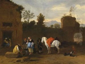Figures And Horses In Front Of An Inn by Simon Johannes van Douw