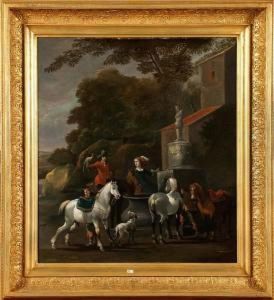La Halte Des Chasseurs A La Fontaine by Simon Johannes van Douw