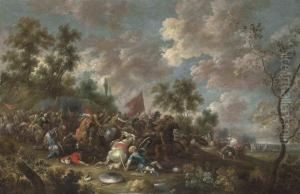 A Cavalry Skirmish Between Turks And Christians by Simon Johannes van Douw