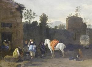 Figures And A Horse Before An Inn by Simon Johannes van Douw