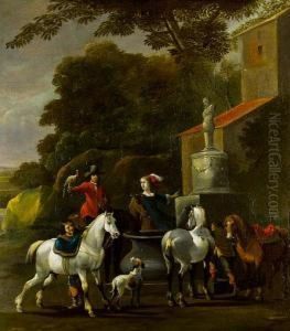 An Elegant Company Departing For The Hunt Before An Open Landscape by Simon Johannes van Douw