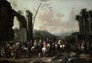 An Italianate Landscape With Travellers Gathering By A Fountainamongst Classical Ruins by Simon Johannes van Douw