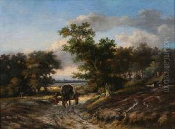 Boerenfamilie Met Paard En Kar Op Landweg - view 1