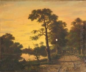 Romantische Fluslandschaft Mit Weg Und Personen