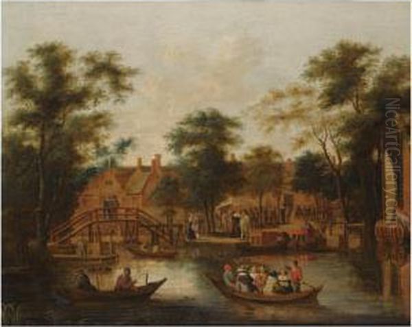A Wooded River Landscape With A Village With Fishermen And Anelegant Company In A Rowing Boat In The Foreground, Two Elegantfigures On A Wooden Bridge On The Left, Other Figures On The Riverbanks - view 1