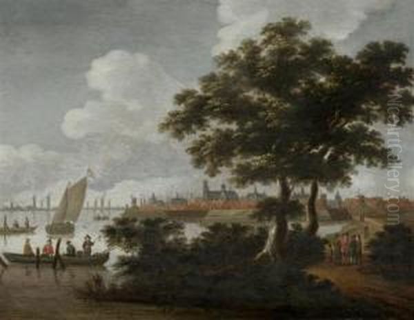 Flusslandschaft Mit Einer Stadtansicht Im Hintergrund. - view 1