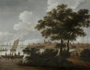 Flusslandschaft Mit Einer Stadtansicht Im Hintergrund.