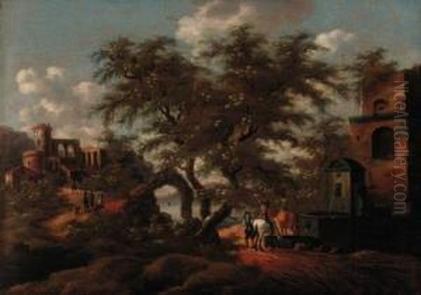 A Wooded Landscape With Herdsmen And Cattle At A Fountain, A Lakebeyond - view 1