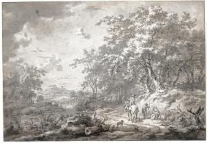 Extensive Pastoral Landscape With Peasants Resting On A Woodedroad, Bathers In A River Behind, And Distant Hills by Egbert Van Drielst