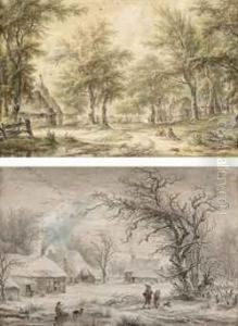Figures Resting On A Path Near A Farm by Egbert Van Drielst