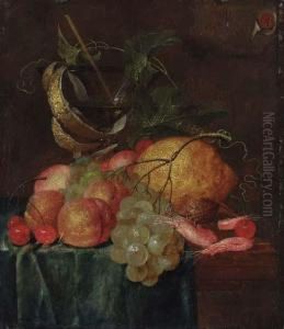A Still Life With Shrimp, Grapes, Cherries, Peaches And A Glass Goblet On A Partially Covered Table