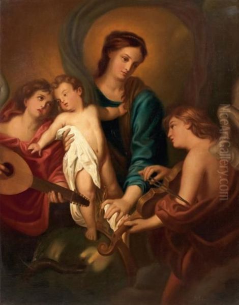 La Vierge A L'enfant Entre Deux Anges Musiciens - view 1
