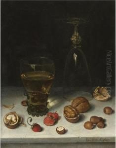 Still Life Of Walnuts, Hazelnuts, Strawberries, A Roemer And An Overturned Wine Glass, All Resting On A Table Still Life Of Walnuts, Hazelnuts, Strawberries, A Roemer And An Overturned Wine Glass, All Resting On A Table