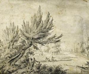 A River Landscape With Fishermen by Gerard Van Edema