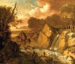 A Traveler On A Path By A Waterfall In An Italianate Landscape, A Fortress Beyond