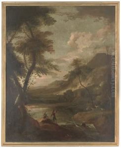 A Rocky Wooded River Landscape With Figures And Sheep by Gerard Van Edema