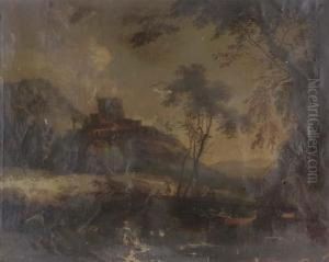 Mountainous Landscape With A Castle And A Hill, With Figures And Sheep In The Foreground