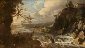 An Extensive River Landscape With Peasants On A Track, A View To A Waterfall And A Village Beyond by Gerard Van Edema