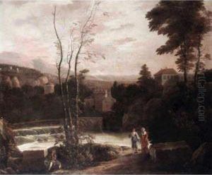 An Extensive Italianate Landscape With Two Women Walking On A Path And A Fisherman Resting On A Stone In The Foreground. An Extensive Italianate Landscape With Two Women Walking On A Path And A Fisherman Resting On A Stone In The Foreground.