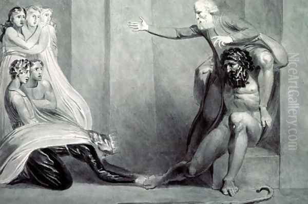 Tiriel, borne back to the Palace on the Shoulders of his Brother Ijim, addressing his five Daughters - view 1