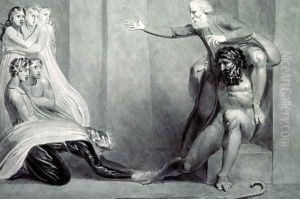 Tiriel, borne back to the Palace on the Shoulders of his Brother Ijim, addressing his five Daughters by William Blake
