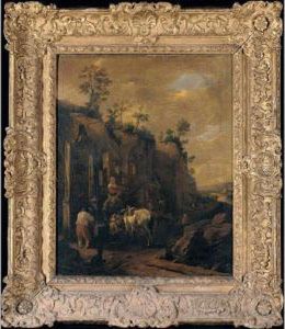 An Italianate Landscape With Drovers And Travellers Resting Beside A Well by Adriaen van Eemont