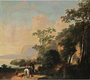 A Southern Coastal Landscape With Horsemen Conversing On A Path, A Building Nearby by Adriaen van Eemont