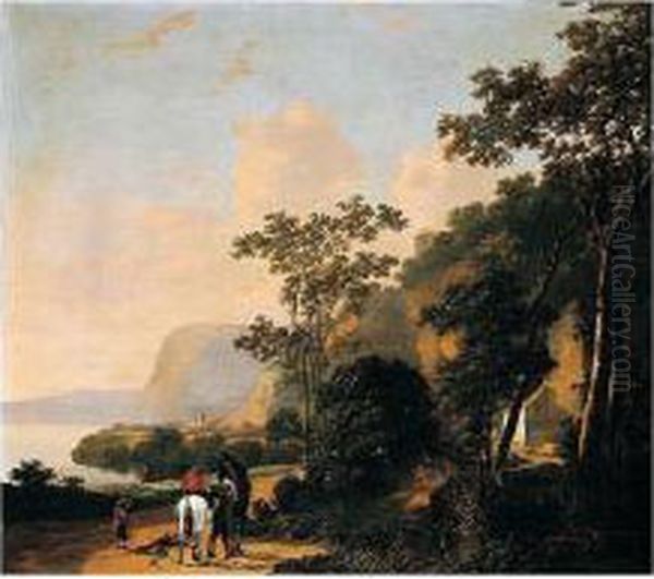 A Southern Coastal Landscape With Riders Conversing On A Path, A Building Nearby - view 1