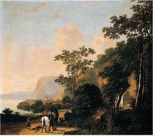 A Southern Coastal Landscape With Riders Conversing On A Path, A Building Nearby by Adriaen van Eemont
