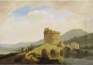 An Italianate Landscape With The Anio Bridge And The Memorial Of Plautii by Adriaen van Eemont