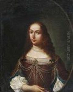 Portrait Of A Young Lady Wearing A Brown Dress Decorated With Pearls. by Justus van Egmont