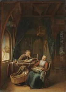 An Interior With A Man Reading, His Wife Snoozing In A Chair Beside Him
