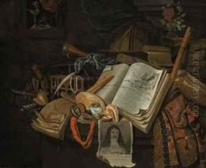 A Vanitas With A Print Of A Portrait Of King Charles Ii Of England, Shells, Musical Instruments, A Globe And Other Objects, On A Stone Ledge