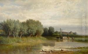 River Landscape With Cattle Watering