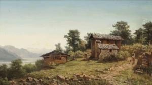 A Girl With A Dog In A Hilly Landscape With Three Stone Shacks