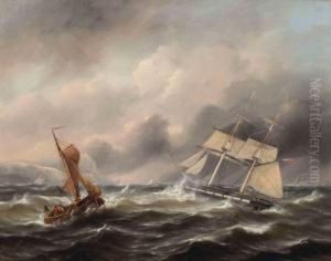 Two Boats In Stormy Weather, The Shore In The Distance by Govert Van Emmerik