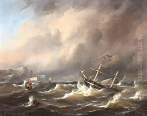 Schepen In Woeste Golven Voor Een Rotskust by Govert Van Emmerik