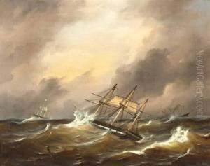 Driemasters En Stoomschip Op Woelige Zee
