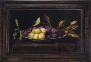 Bowl Of Plums On A Draped Table by Jacob Fopsen van Es