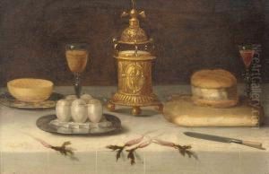 A Silver-gilt Salt Holder, A Loaf Of Bread, A Knife, Facon-de-venise Wine Glasses, Eggs On A Silver Platter And Parsnips, All On A Draped Table by Jacob Fopsen van Es