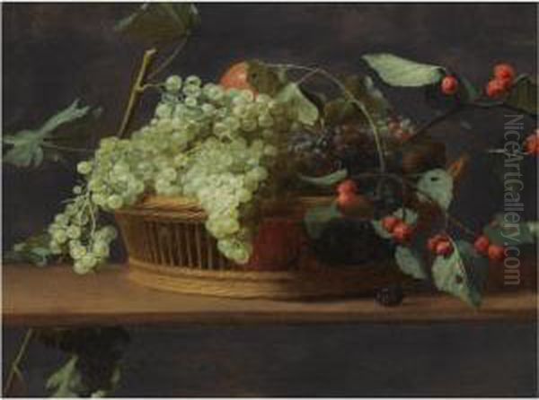 Still Life Of Blue And White Grapes, Together With Wild Strawberries, All In A Basket, On A Wooden Ledge - view 1