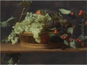 Still Life Of Blue And White Grapes, Together With Wild Strawberries, All In A Basket, On A Wooden Ledge by Jacob Fopsen van Es